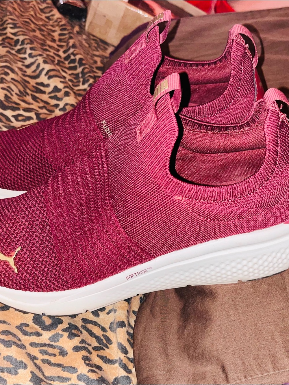 Puma Women’s Slip-On Knit Sneakers – Wine/Gold Accents